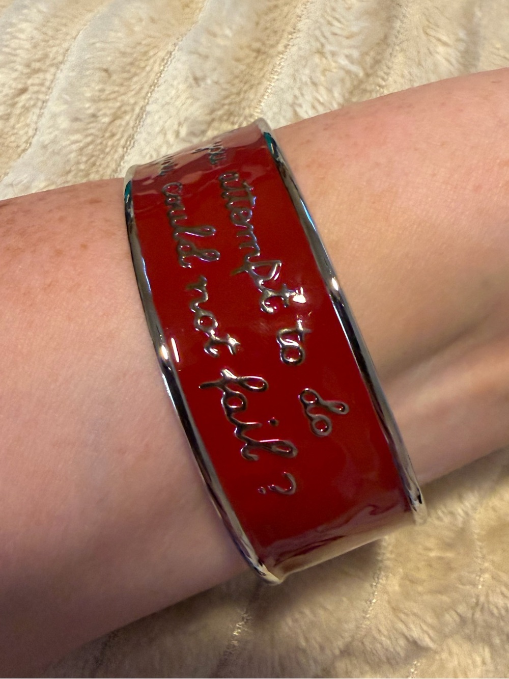Rustic Cuff Red Enamel Silver-Trim Motivational Cuff